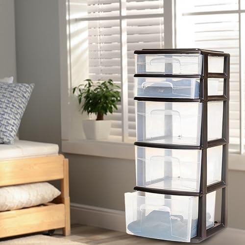 HOMZ Drawer Tower, 5-Tier Clear Plastic Storage Organizer Unit, Black Frame - Multi-Purpose Container Drawers for Home, Bathroom, and Office Organization - color: Black