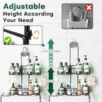 Sewulidon Stainless Steel Hanging Shower Caddy for Handheld Shower Heads,Adjustable Height Extra Long Bathroom Shower Organizer Hanger Rack with Hooks,Soap Holder - color: Black
