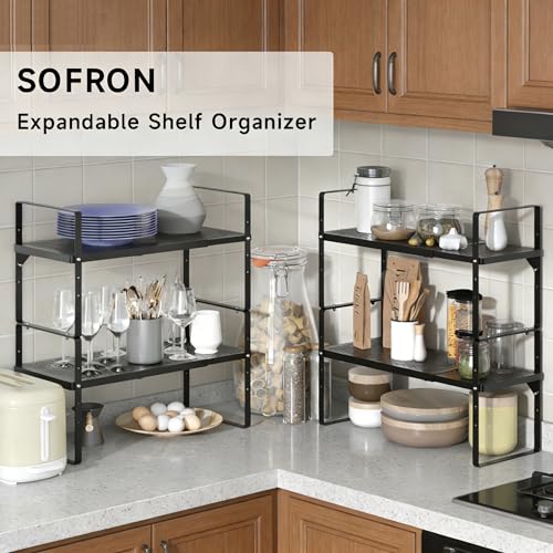 Expandable Cabinet Organizer Shelf - Adjustable Width (16.5”-27.1”), Stackable, Heavy Duty 80 lbs, for Kitchen Pantry, Countertop, Office, Spice Rack - Black, Large Size, 1 Pack - color: Black 1 Pack, size: Large - 10.2"W x (16.5"-27.1")L x 9.8"H