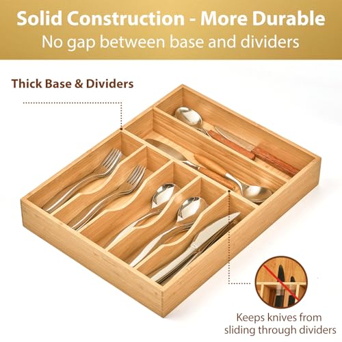 Umilife Bamboo Kitchen Drawer Organizer, 13 Inch Silverware Utensil Tray Holder, Extra Deep Grooved Drawer Divider, 7 Slots Total Bamboo Wood Caddy for Flatware Cutlery Knives, Forks, Spoons - size: 13 x 17 Inch (7 Slots)