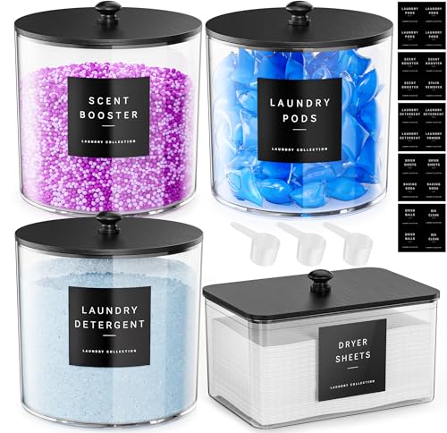galasily 4 Pack Laundry Pods Container, Clear Laundry Room Organization Containers,Large Acrylic Detergent Powder Storage Containers Black Wooden Lids & Labels, Dryer Sheet Holder - size: 4pack