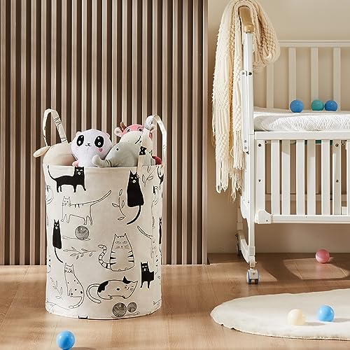 Baby Laundry Basket with Long Handles, 63L Collapsible Kids Laundry Hamper, Toy Storage Basket for Nursery, Bedroom Decor for Girls and Boys (Cartoon Cat) - color: White & Black Cat, size: 1 Pack
