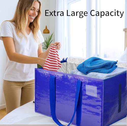 16 Pack-Extra Large Heavy Duty Moving Bags - Waterproof Storage Totes with Handles & Zippers, Foldable for College Dorm, Storage (Blue) - color: Blue, size: 16