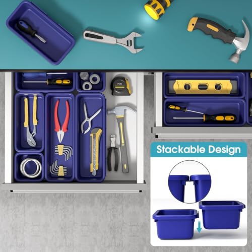 6 PCS Drawer Organizer Set, 3 Size Makeup Drawer Divider Organizer With Non-Slip Pads, Interlocking Plastic Storage Bins for Office,Jewelry Vanity,Gadgets, Bathroom,Kitchen, Navy - color: Navy, size: 6Pack