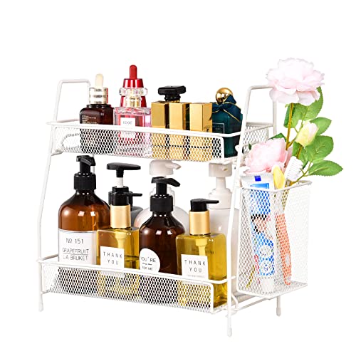 LEMIKKLE Countertop organizer for bathroom counter, bathroom organizers and storage, spice rack organizer for kitchen counter shelf with small basket(White) - color: White (Size: 7" x 12" x 13")
