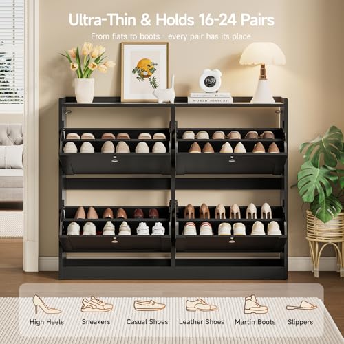 ONBRILL Shoe Cabinet with 4 Flip Drawers, Freestanding Ultra Slim Hidden Shoe Organizer with Classic Arched Pattern, 16-24 Pairs Shoe Storage Cabinet for Entryway Hallway Living Room (Black) - color: Black