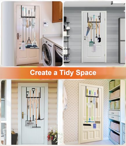 Broom Holder Over The Door Drilling Free Mop and Broom Holder with 4 Over Door Hook, Metal Mop and Broom Storage Wall Mount Broom Storage Tool Organizer for Laundry Room Garage Kitchen Bathroom - color: black