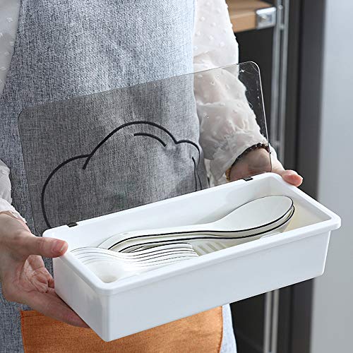 White Flatware Tray Kitchen Drawer Organizer With Lid And Drainer - Plastic Kitchen Cutlery Tray and Utensil Storage Container with Cover - 11.0 Inch Silverware Holder Drawer Organizer - color: White