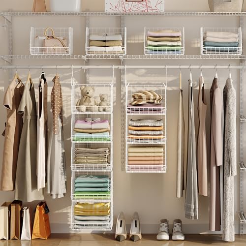 5 Tier Closet Hanging Organizer, Clothes Hanging Shelves with 4 Hanging Hooks 5 S Hooks, Wire Storage Basket Bins, for Clothing Sweaters Shoes Handbags Clutches Accessories Patent Design-White - color: White