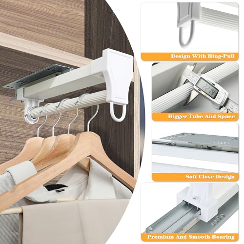 Alise 14 Inch Pull Out Clothes Hanger Rack for Closet,Heavy Duty Closet Rod with Automatic Soft-Close Mechanism for Closets,Closet Pull Out Metal Rod Organizer Hangers for Coats Pants Hangers,White - color: White, size: 14 Inch