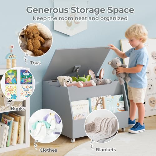 Costzon Kids Toy Box, Wooden Toy Storage Organizer for Girls Boys, Toy Storage Chest Bench for Toddler Room, Playroom, Bedroom, Living Room, Nursery (Classic, Gray) - color: Gray, style: Classic