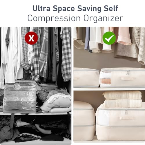 DIMJ Comforter Storage Bag 6 Pack - Blanket Storage Organizer Compression Bags, Large Capacity Ultra Space Saving Self Compression Organize for Bedding, Pillow, Duvet, Sheet Storage with Zipper Window - color: Beige, size: 66L x 6 Pack