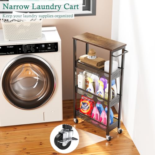XYZLVSI Slim Storage Cart 4 Tier Narrow Kitchen Rolling Cart on Wheels for Small Space, Mobile Utility Cart Shelving Unit with Wooden Top and Metal Handle for Kitchen, Bathroom, Laundry Room - size: 16.7"Dx7.1"Wx34"H