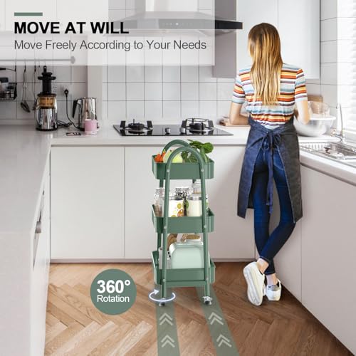EAGMAK 3 Tier Utility Rolling Cart, Metal Storage Cart with Handle and Lockable Wheels, Multifunctional Storage Organizer Trolley with Mesh Baskets for Kitchen, Living Room, Office, Garage (Jungle) - color: Jungle Green, size: Normal