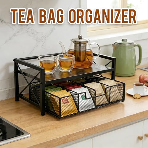 Tea Bag Organizer With Adjustable Drawer, Teabag Bar Holder Organizer For Counter, Wood ＆ Metal Station Storage Chest Display, Coffee Packet Containers Box For Countertop Kitchen Office Black - color: Black