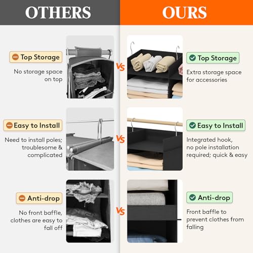 Lifewit Dual-Row Shelf Hanging Closet Organizer and Storage, Clothes Shelves with 3 Sturdy Hooks for Clothing Organization, Foldable Container Hold Up to 36 Sweaters, 6 Tier 12 Sections, Black - color: Black, size: 6-Tier