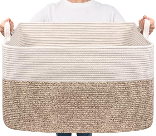 Goodpick Extra Large Woven Blanket Basket, 23.6" x 15.7" x 13.8" Storage Organizer for Blankets, Toys, Dirty Clothes, Rectangle Cotton Rope Basket for Living Room, Nursery, Bedroom - color: White & Light Brown, size: X-Large(23.6"L x 15.7"W x 13.8"H)