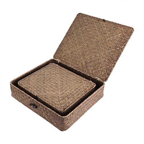 Hipiwe Set of 2 Flat Woven Wicker Storage Bins with Lid Natural Seagrass Basket Multipurpose Home Boxes for Shelf Organizer (Coffee) - color: Coffee, size: Small+Large