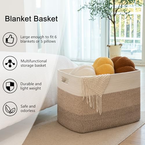 OIAHOMY 108L Super Large Blanket Basket, 25”x16”x16”(108L) Rectangle Woven Baskets for Storage, Cotton Rope Basket For Living Room, Toy Storage with Handle- Gradient Brown - color: Gradient Brown