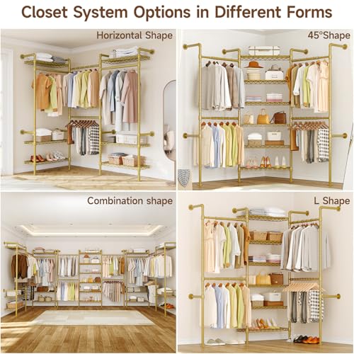 ONBRILL L3 Wall Mounted Industrial Pipe Closet System, Corner Closet Organizers with 4 Telescopic Rods & 6 Shelves, Heavy Duty Clothing Clothes Rack in Wardrobe Closet (Gold) - color: Gold