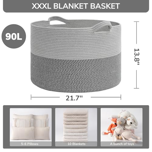 INDRESSME Extra Large Laundry Basket, Cotton Rope Blanket Basket for Nursery Living Room, Decorative Woven Storage Basket with Handles for Dirty Clothes, Toy Bin For Dog Toys, 21.7 x 13.8 inches, Grey - color: Light & Dark Grey, size: 21.7"D x 13.8"H