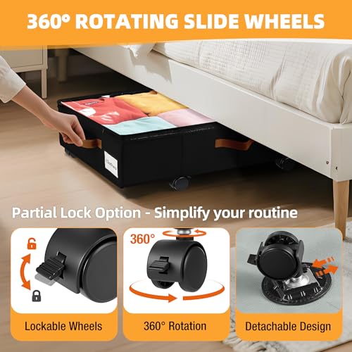 Under Bed Storage with Wheels,Underbed Storage with Sturdy Sidewalls/Bottom, Clear Cover, Label and PU Handle, Rolling Under Bed Drawers for Clothes, Shoes, 6.5 Inch Height,Black, 2 Pack - color: Black 2 Pack, size: 6.5 inch