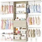 5FT Small Closet System, Baby Closet Organizer System with Wooden Drawers, 60 Inches Walk in Closet System with 5 Hanging Rods and 3 Reversible Hanging Shelving, Greige Oak - color: Greige Oak, size: 5 FT