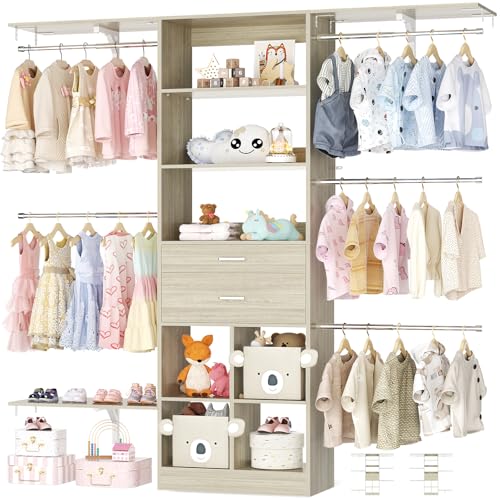 5FT Small Closet System, Baby Closet Organizer System with Wooden Drawers, 60 Inches Walk in Closet System with 5 Hanging Rods and 3 Reversible Hanging Shelving, Greige Oak - color: Greige Oak, size: 5 FT