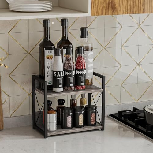 Giikin Countertop Shelf Organizer, 2 Tier Kitchen Spice Rack for Countertop, Wood Coffee Counter Shelf for Home, Particle Board and Metal, Grey, Small - color: Grey, size: Small