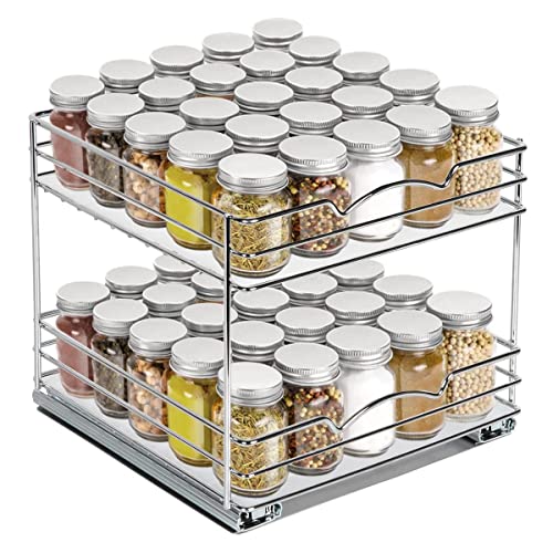 2 Tier Pull-Out Cabinet Spice Rack Organizer - Slim Slide-Out Storage for Spices, Bottles & Jars, Premium Heavy-Duty Steel, Easy Install for Narrow Kitchen Cabinets -10-1/2"Wx10-3/8"Dx8-7/8" H, Chrome - size: 10 Inch-Double