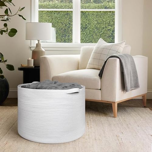 MEGASKET 115L White Cotton Rope Storage Basket, 23.6"x15.7" Extra Large Blanket Storage Living Room, XXXL Soft Toy Bin for Organizing, Woven Baby Laundry Basket with Handle, Wicker Hamper Nursery - color: White, size: 23.6"x23.6"x15.7"