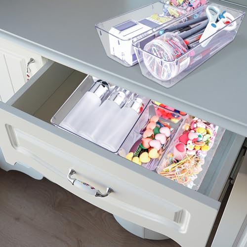 4 PCS Clear Plastic Drawer Organizer, Desk Drawer Divider Organizers and Storage Bins for Makeup, Jewelry, Gadgets for Kitchen, Bedroom, Bathroom, Office (9.0"x3.0"x2.2")