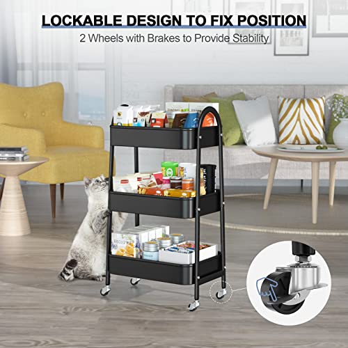 EAGMAK 3 Tier Utility Rolling Cart, Metal Storage Cart with Handle and Lockable Wheels, Multifunctional Storage Organizer Trolley with Mesh Baskets for Kitchen, Living Room, Office, Garage (Black) - color: Black, size: Normal