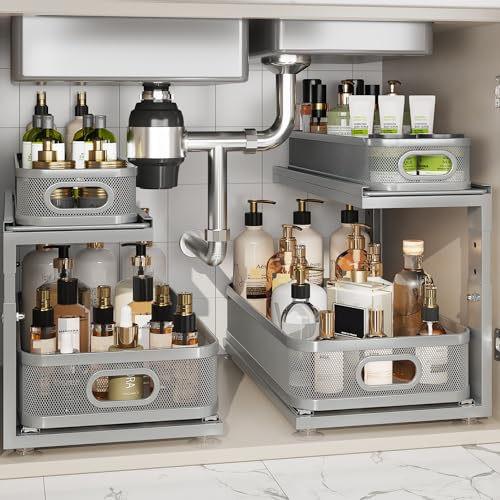 2 Pack 18.5IN-Depth Under Sink Organizer With Next-Gen Ball-Bearing Slides,2-Tier Precision Mesh Pull Out Cabinet Storage for Bathroom&Kitchen,Height Adjustable Drawers Shelf,Anti-rust-Grey - color: Gun Gray, size: 2 Pack-18.5"Dx12.4"-16.5"H