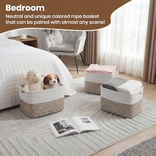 Storage Baskets for Organizing, 14 x 10 x 9” Closet Shelf Woven Baskets, Square Bins with Handles, Cotton Rope Basket for Toys, Clothes, Office, Room, White+Dark brown 1 Pack - color: White+Dark brown, size: 1pc