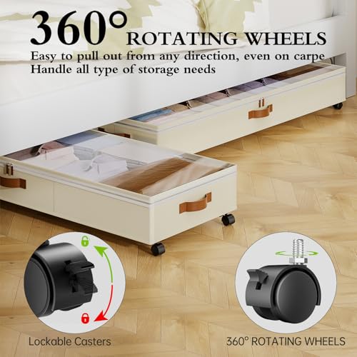Yecaye Under Bed Storage with Wheels, 2 Pack Under Bed Storage Containers with Adjustable Dividers & Clear Window, 85L Rolling Underbed Organizer Bins Drawers for Clothes, Shoes, Blankets Toys, Beige - color: Beige, size: Extra Extra Large(2Pack)