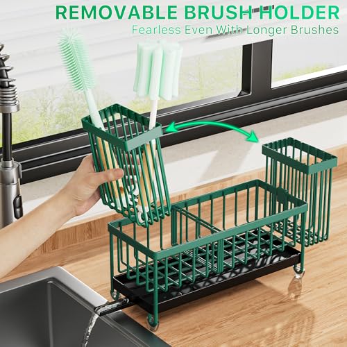 Cisily Sponge Holder for Kitchen Sink, Sink Caddy Organizer with High Brush Holder, Kitchen Countertop Organizers and Storage Essentials, Rustproof 304 Stainless Steel (Dark Green, 9.25″) - color: Dark Green