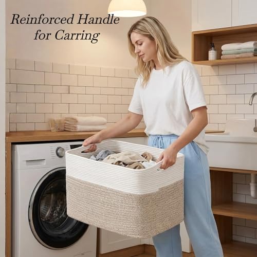 Optish 95L Large Blanket Basket, Woven Storage Baskets with Reinforced Handles, Rope Laundry Basket for Living Room, Bedroom, Nursery, Toys, Clothes,Pillows, 24” x 17” x 13.5”, White & Brown - color: White & Brown, size: 24" x 17" x 13.5"(95L)