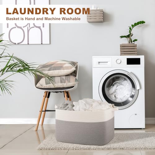 OIASKET Blanket Basket for Living Room, Cotton Rope Basket for Storage, Toy Baskets Bin for kids, Woven Baskets with Handles for Clothes, Towels, Pillows, 20" x 16" x 12", Grey and White (Pack of 2) - color: Grey & White, size: 19.7"x15.8"x11.8" (Pack of