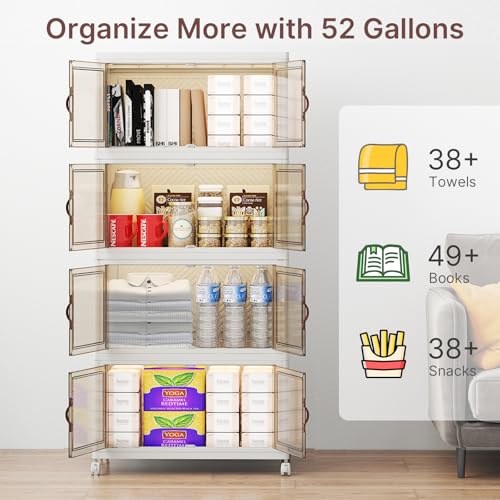UAMFURI Stackable Storage Bins with Lids, 192QT Closet Organizers, Lockable Storage Cabinet，Foldable Storage Box with Doors and Wheels, Plastic Drawers for Home, Garage, Office (4, White, Medium) - color: White, size: Medium