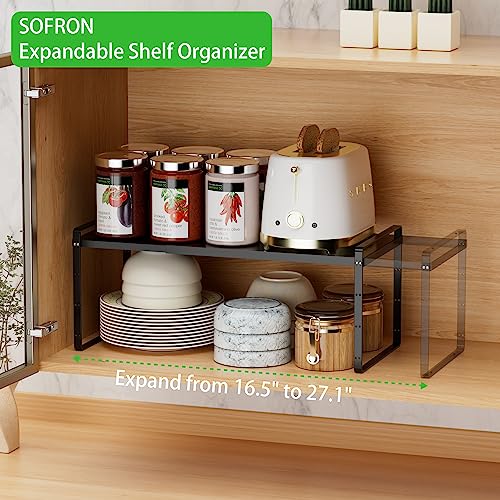 Expandable Cabinet Storage Shelf Stackable Organizer Rack for Kitchen Bathroom Pantry Spice Cupboard Countertop Home Office Desk Heavy Duty Nonslip Black Large 3 PACK - color: Smooth Black, size: Large - 10.2"D - 3 Pack
