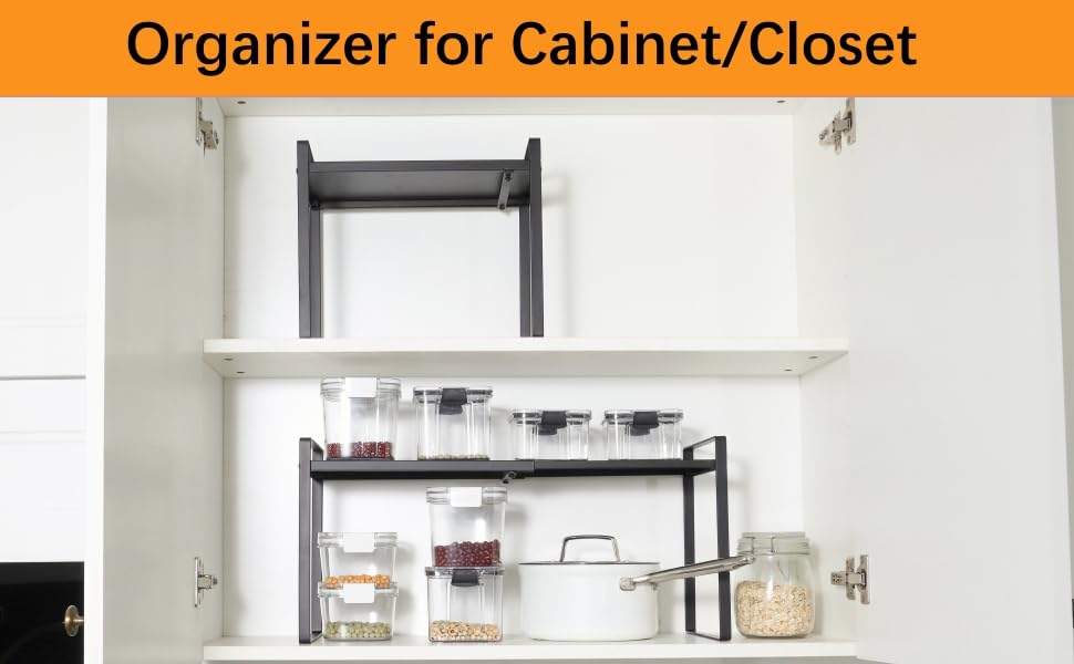 2 Pack Expandable Cabinet Shelf Organizer Riser for Kitchen Pantry Cupboard Under Sink Countertop (2 pack 8.2’’D * 12.2-21.6’’W * 10.4’’H) (Black) - color: Black, size: 8.2''D * 12.2-21.6''W * 10.4''H(2 Pack)