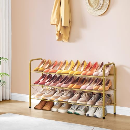 Hoctieon 3 Tier Mesh Style Shoe Rack, Entryway Shoe Shelf, Shoe Storage Organizer, Shoe Rack for Closet, Space Save for Bathroom, Garage, Hallway, Bedroom, Living Room, Gold - color: Gold, size: 3 Tier