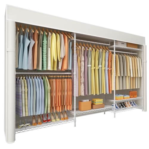 Ulif E13C Max Heavy Duty Closet Organizer System，Freestanding Clothing Racks for Hanging Clothes，Adjustable Garment Rack 86" W x16 D x77 H Hold 1100 lbs，White Rack with White Dustproof Cover - color: White Rack with White Cover, size: E13C Max