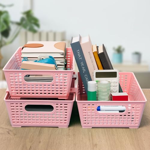 Tiawudi Stackable Woven Plastic Basket, Storage Bins for Cabinet, Closet, Shelf, Under Sink and Countertop, Pantry Organizer Bins, 6 Pack - color: Pink