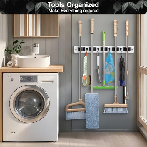 2 Pack Broom Holder Wall Mount With 5 Slots & 4 Hooks，Rustic Wood Broom & Mop Hanger，Wall Mounted Garden & Garage Tool Storage Organizer Rack for Closet Laundry Room or Kitchen Wall Decor White - color: 2 Pack White