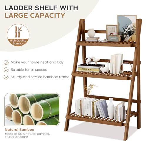 39.4" Bamboo Ladder Shelf Plant Shelf, 3 Tier Foldable Ladder Flower Pot Display Shelf Rack, 23.6"W x 15"D x 39.4"H, Freestanding Bookshelf for Garden, Balcony, Yard, Patio, Lawn, Living Room, Walnut - color: 3-tier Walnut