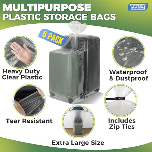 Storage Standard 6-Pack Large Clear Plastic Bags for Storage - Waterproof Extra Large Plastic Bags with Zip Ties, Heavy-Duty Cover for Luggage, Suitcases, Strollers & Travel Gear - 40 x 60 Inches - size: 40'' x 60''