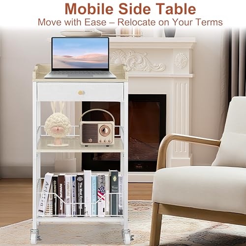 4-Tier Small Side Table with Storage Drawer, Tall Nightstand with Wheels & Basket, Rolling Bathroom Table for Small Spaces, Bedroom, Living Room, Dorm, White and Natural - color: White With Natural