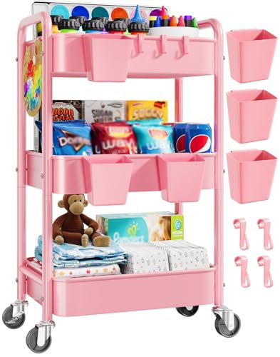3 Tier Rolling Cart Metal with Lockable Wheels, Pink Three Tiered Diaper Caddy Cart Organizer on Wheels, Storage Utility Trolley Carts for Craft, Art, Nail, Lash, Baby Supplies, Cleaning, Mesh - color: Soft Pink, size: 3-Tier + Cups + Hooks